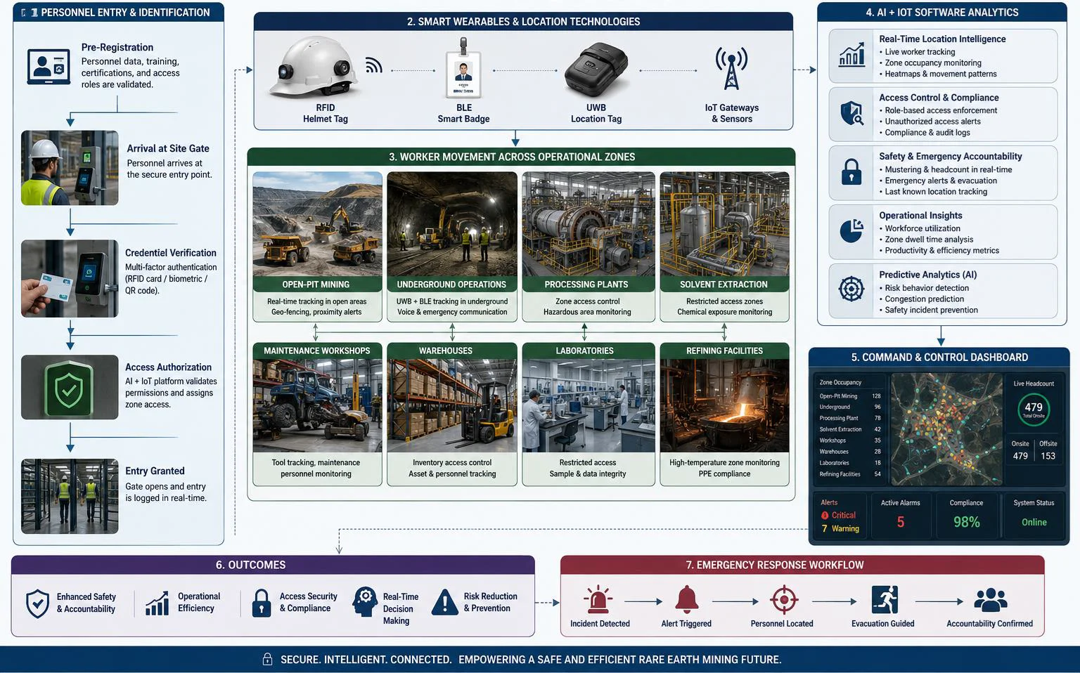 AI + IoT workflow showing workforce access control, real-time tracking, analytics, and emergency accountability in mining.