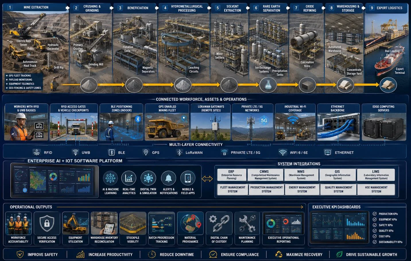 AI and IoT-enabled rare earth production workflow showing mining, refining, RFID tracking, and enterprise analytics.